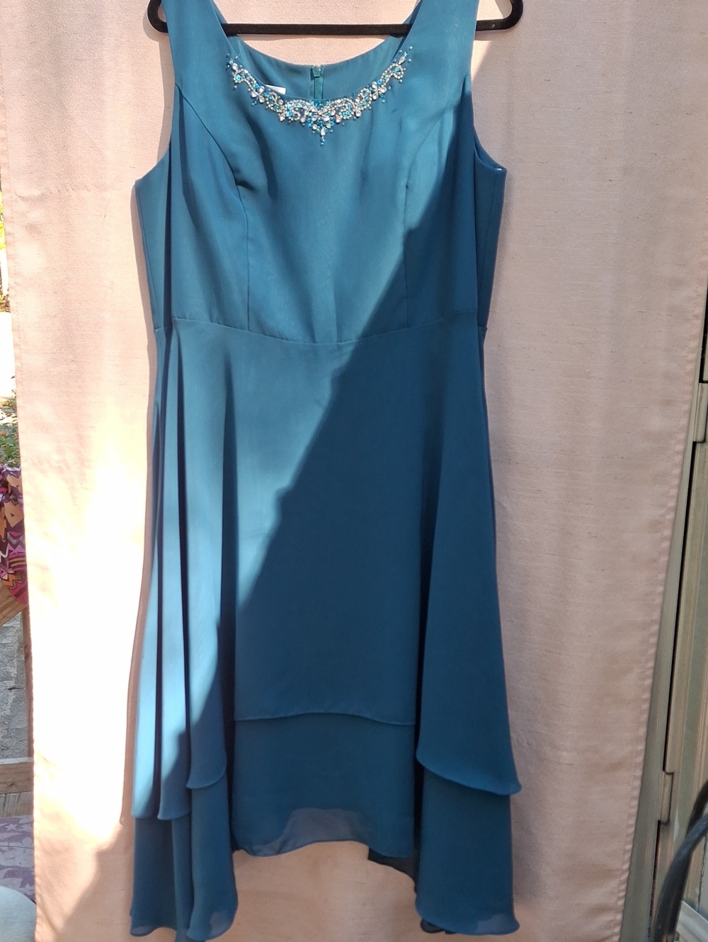 JJs House Teal High-Low Sleeveless Dress with Beaded Neckline